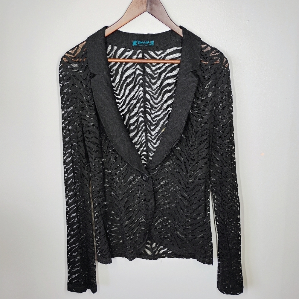 Spoiled Y2K Sheer Cardigan‎ Womens Large Black Zebra Print Goth Lace Concert